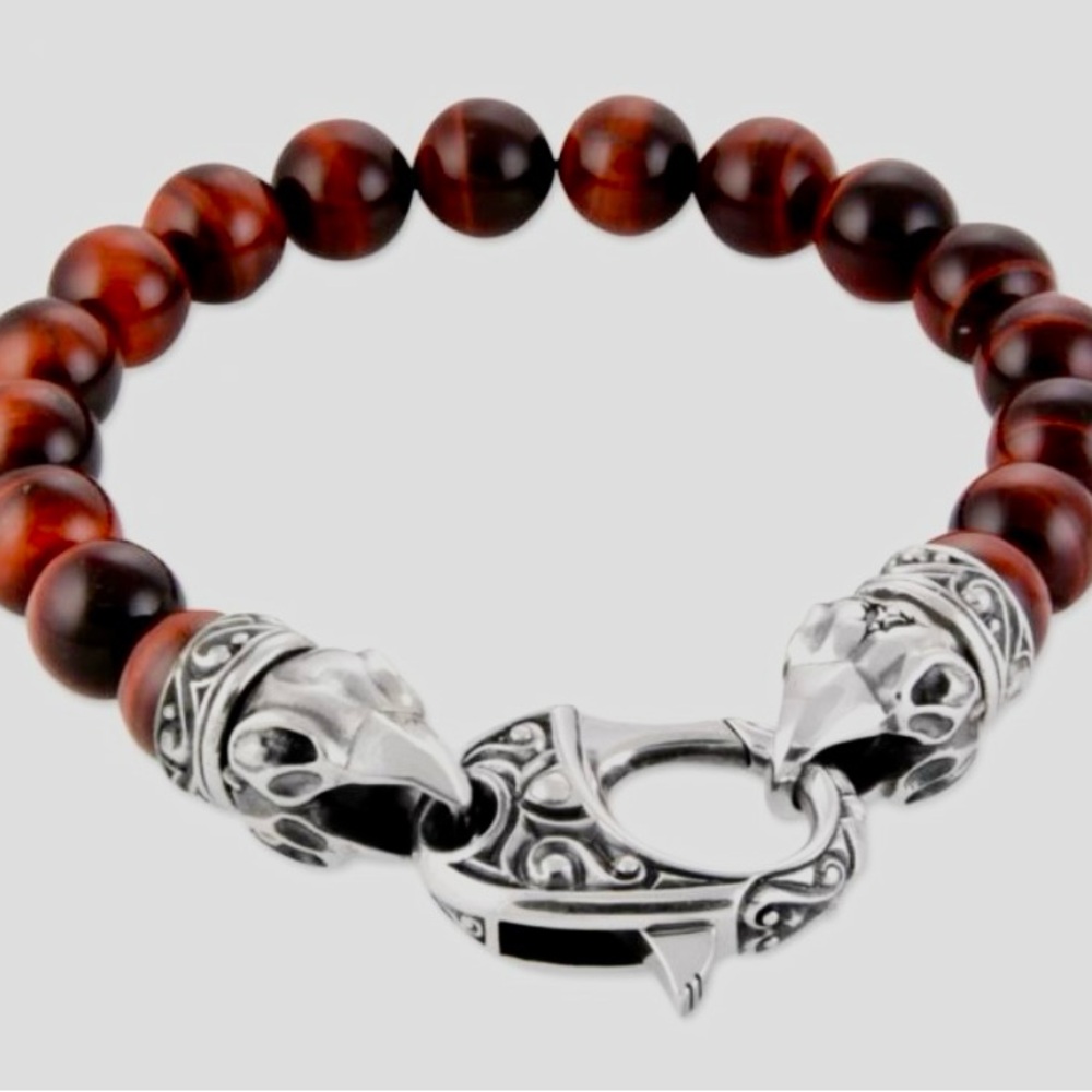 Beasts of London Sterling Silver Raven Head Red Tiger's Eye Bracelet